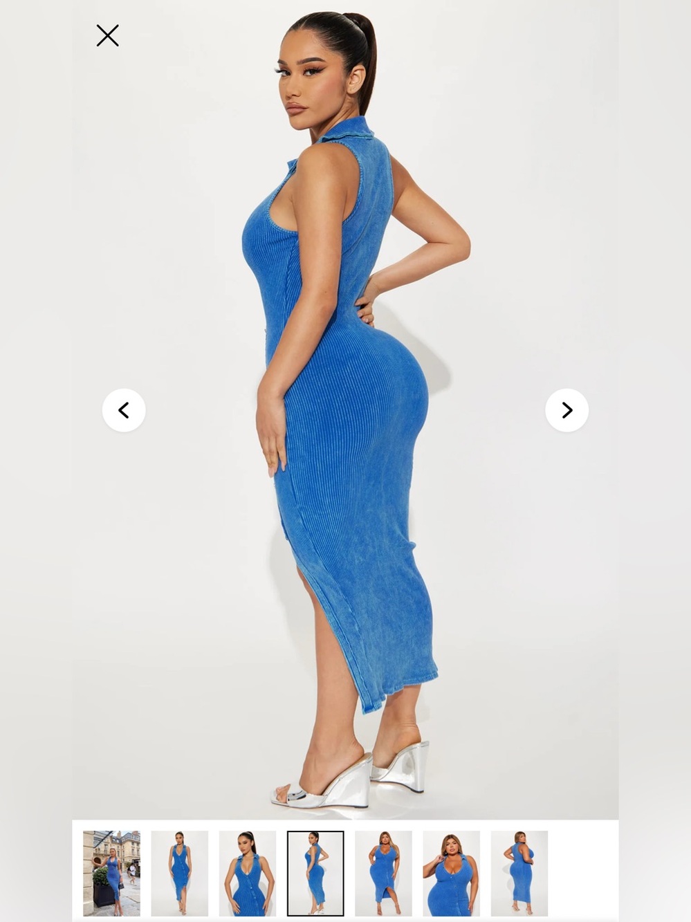 Blue Ribbed Button-Accent Midi Dress - Picture 3 of 7